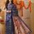 Navy blue printed cotton blend ethnic saree with blouse piece