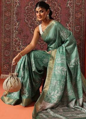 Sea green printed art silk ethnic saree with blouse piece 3