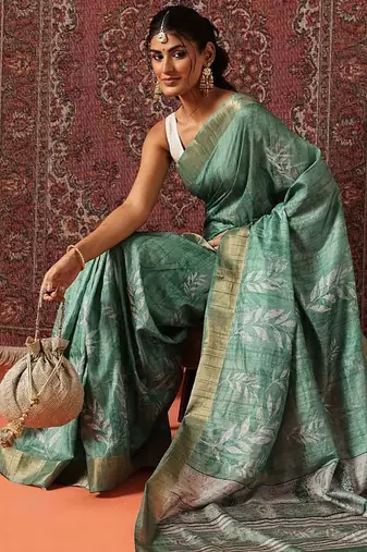 Sea green printed art silk ethnic saree with blouse piece