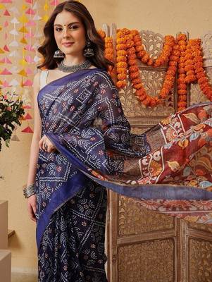 Navy blue printed cotton blend ethnic saree with blouse piece 2