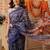 Navy blue printed cotton blend ethnic saree with blouse piece
