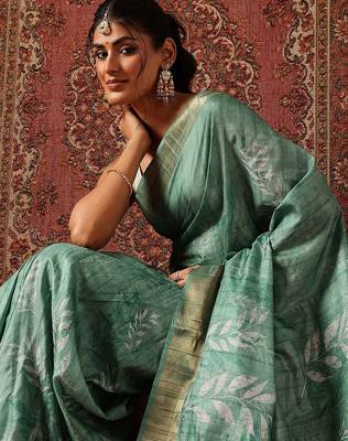 Sea green printed art silk ethnic saree with blouse piece 4