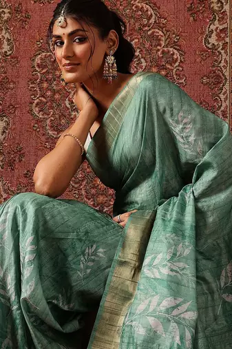Sea green printed art silk ethnic saree with blouse piece