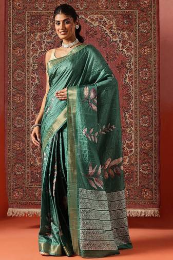 Green printed art silk ethnic saree with blouse piece