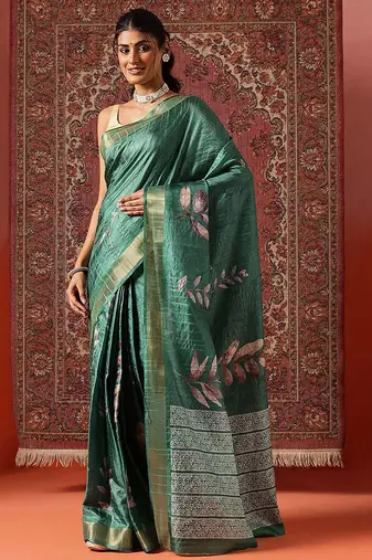 Green printed art silk ethnic saree with blouse piece