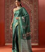 Green printed art silk ethnic saree with blouse piece
