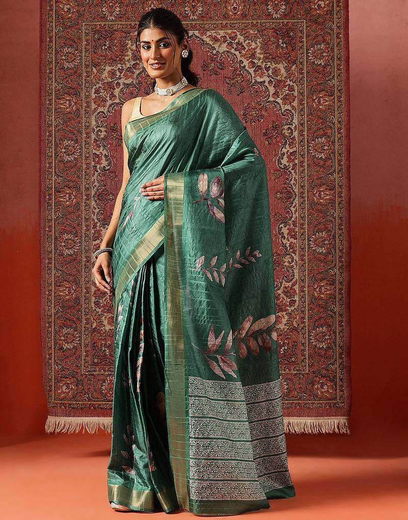 Green printed art silk ethnic saree with blouse piece