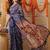 Navy blue printed cotton blend ethnic saree with blouse piece