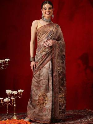 Brown printed cotton blend ethnic saree with blouse piece 1