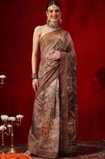 Brown printed cotton blend ethnic saree with blouse piece