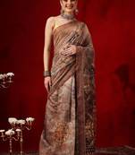 Brown printed cotton blend ethnic saree with blouse piece