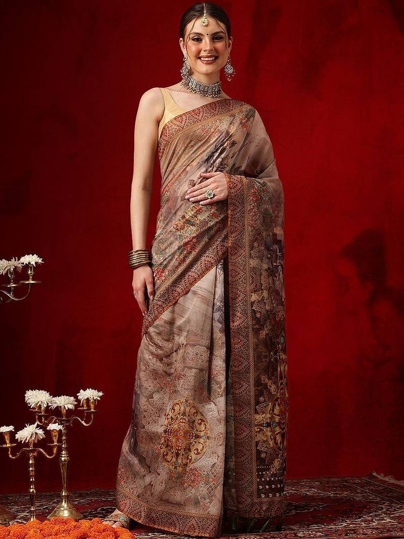 Brown printed cotton blend ethnic saree with blouse piece
