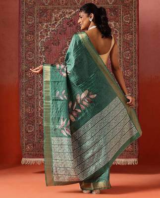 Green printed art silk ethnic saree with blouse piece 2