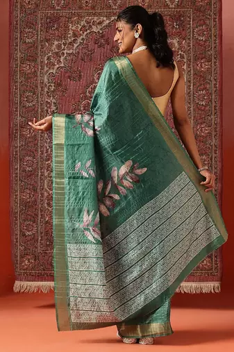 Green printed art silk ethnic saree with blouse piece