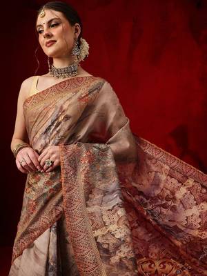 Brown printed cotton blend ethnic saree with blouse piece 2