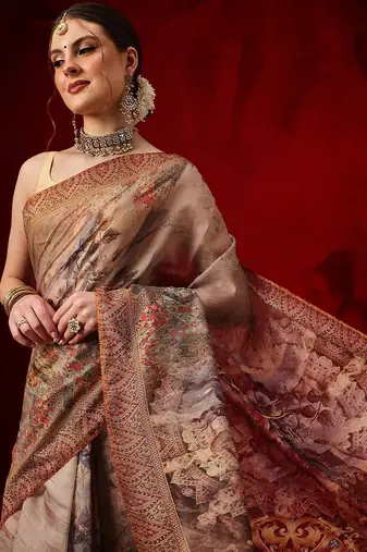 Brown printed cotton blend ethnic saree with blouse piece