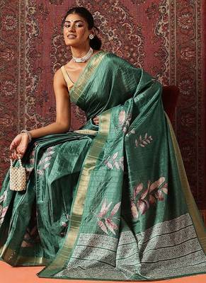 Green printed art silk ethnic saree with blouse piece 3