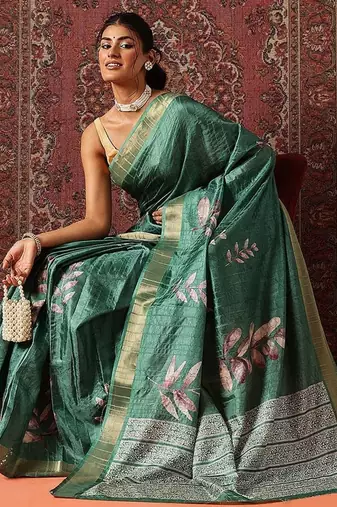 Green printed art silk ethnic saree with blouse piece