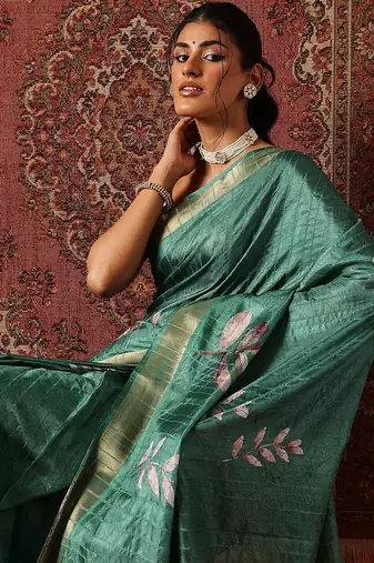 Green printed art silk ethnic saree with blouse piece