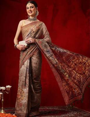 Brown printed cotton blend ethnic saree with blouse piece 3