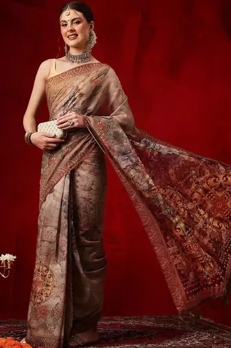 Brown printed cotton blend ethnic saree with blouse piece
