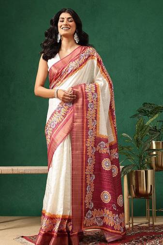 Off white printed art silk ethnic saree with blouse piece