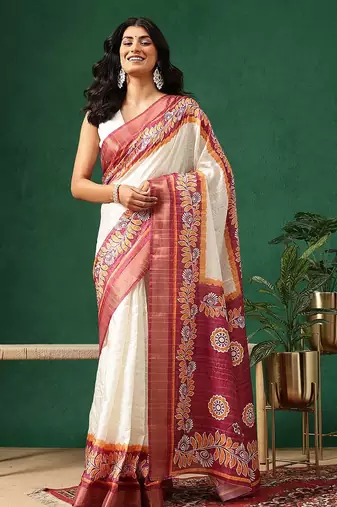 Off white printed art silk ethnic saree with blouse piece