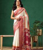Off white printed art silk ethnic saree with blouse piece