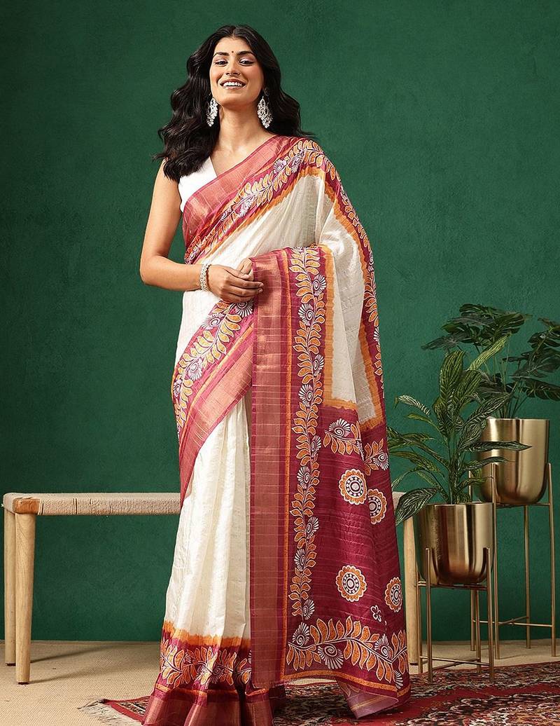 Off white printed art silk ethnic saree with blouse piece