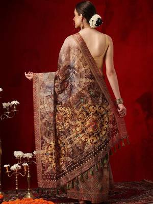 Brown printed cotton blend ethnic saree with blouse piece 4