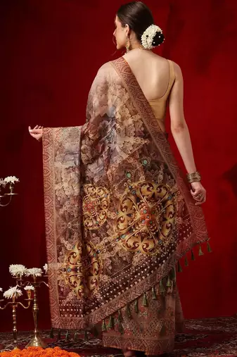 Brown printed cotton blend ethnic saree with blouse piece