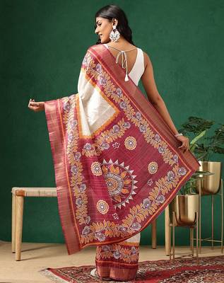 Off white printed art silk ethnic saree with blouse piece 2