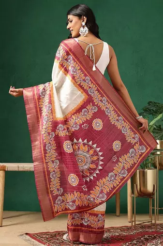 Off white printed art silk ethnic saree with blouse piece