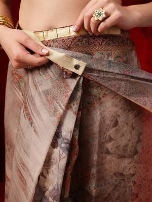 Brown printed cotton blend ethnic saree with blouse piece 5