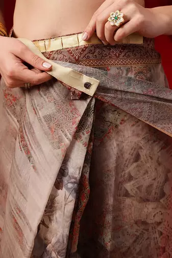 Brown printed cotton blend ethnic saree with blouse piece