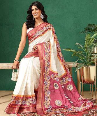 Off white printed art silk ethnic saree with blouse piece 3
