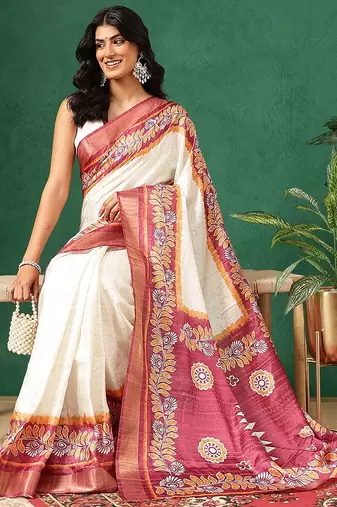 Off white printed art silk ethnic saree with blouse piece