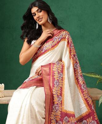 Off white printed art silk ethnic saree with blouse piece 4