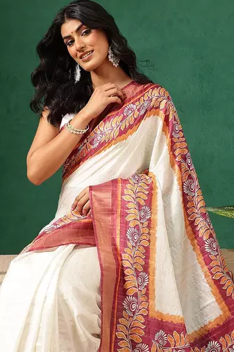 Off white printed art silk ethnic saree with blouse piece