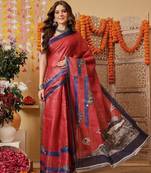 Red printed cotton blend ethnic saree with blouse piece