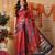 Red printed cotton blend ethnic saree with blouse piece