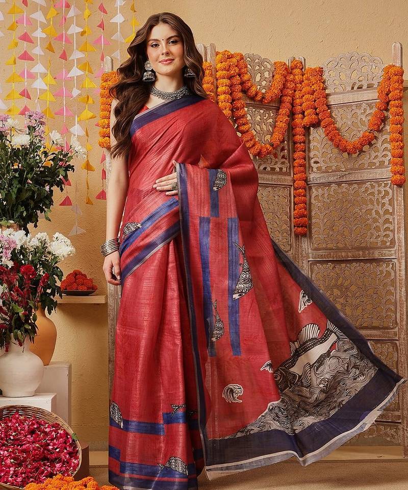 Red printed cotton blend ethnic saree with blouse piece