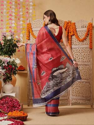 Red printed cotton blend ethnic saree with blouse piece 2