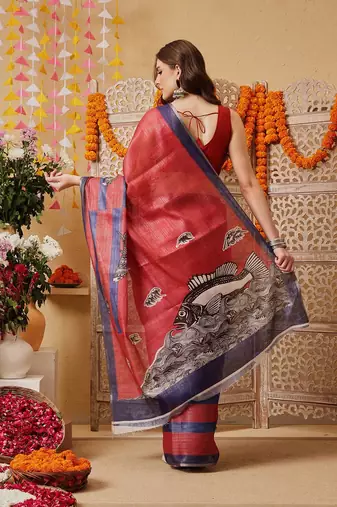 Red printed cotton blend ethnic saree with blouse piece
