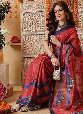 Red printed cotton blend ethnic saree with blouse piece 3