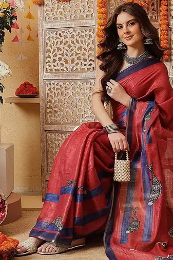 Red printed cotton blend ethnic saree with blouse piece