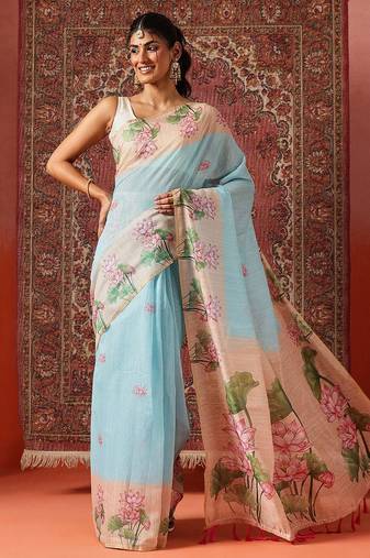 Blue printed cotton blend ethnic saree with blouse piece