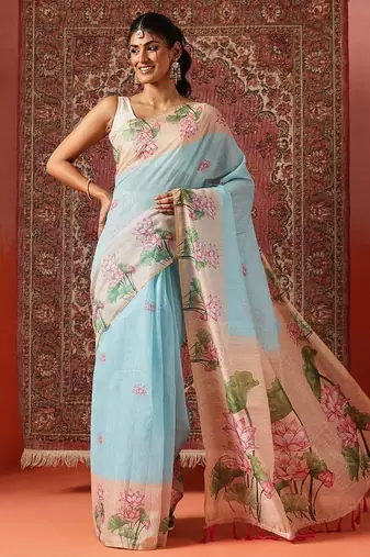 Blue printed cotton blend ethnic saree with blouse piece