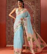 Blue printed cotton blend ethnic saree with blouse piece