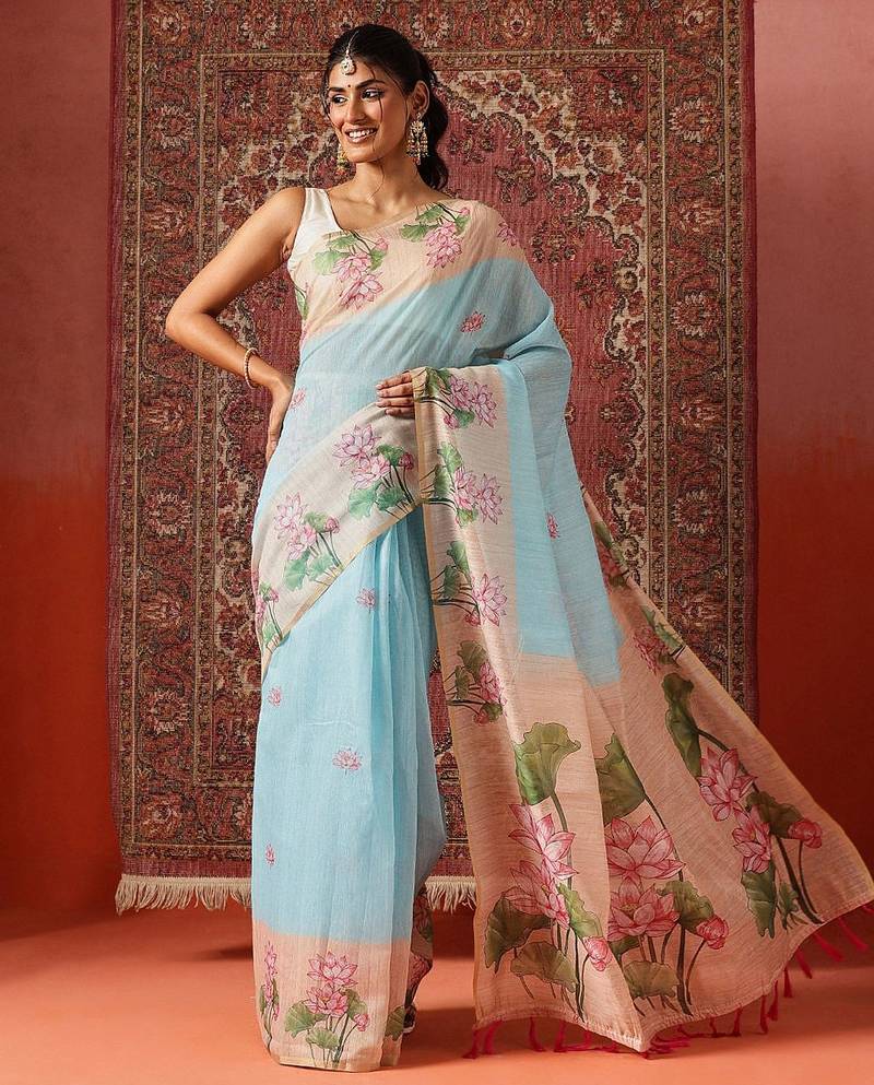 Blue printed cotton blend ethnic saree with blouse piece